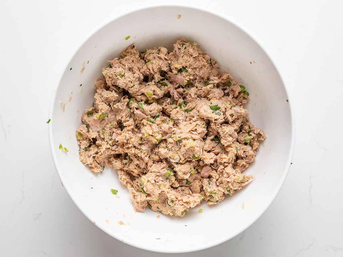 tuna patty mixture combined in the bowl. 