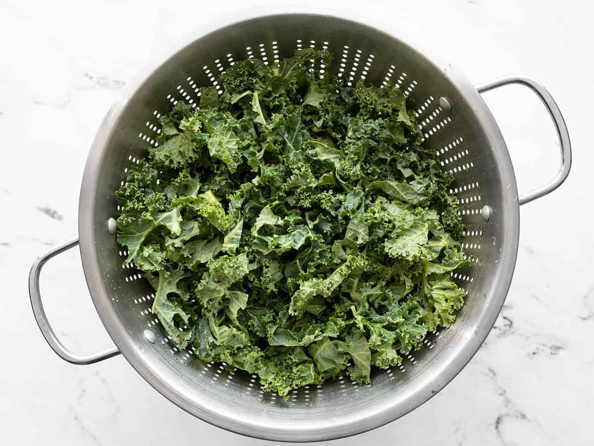 Chopped kale in a colander
