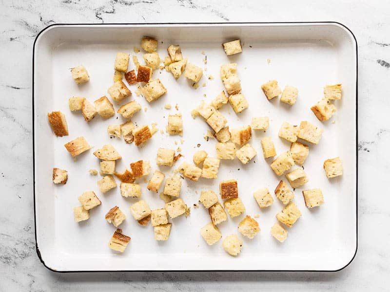 Homemade Croutons on the baking sheet ready to bake