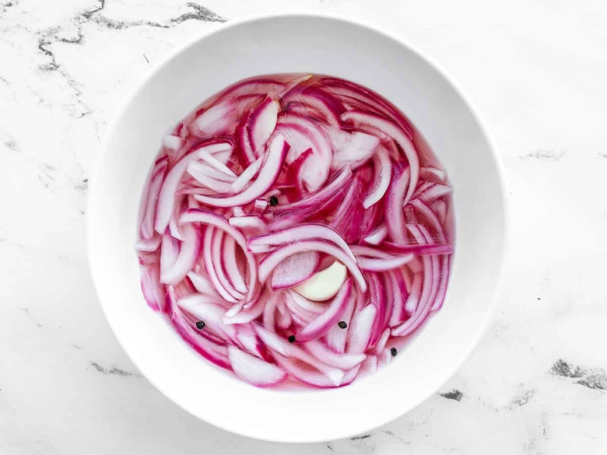 Pickled red onions finished in a bowl