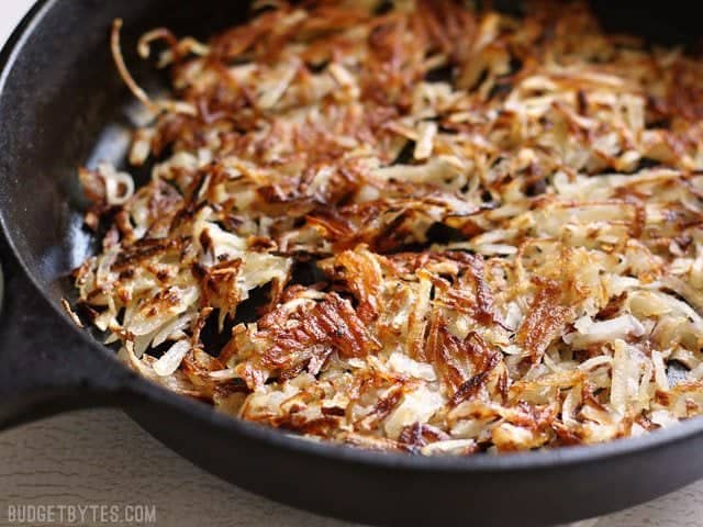 Close up of Crispy Hash Browns in skillet 