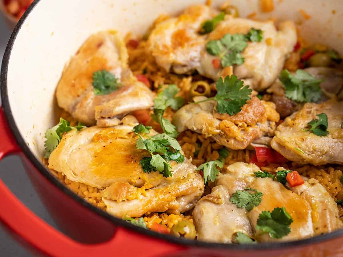 close up side view of Arroz con Pollo in the pot.