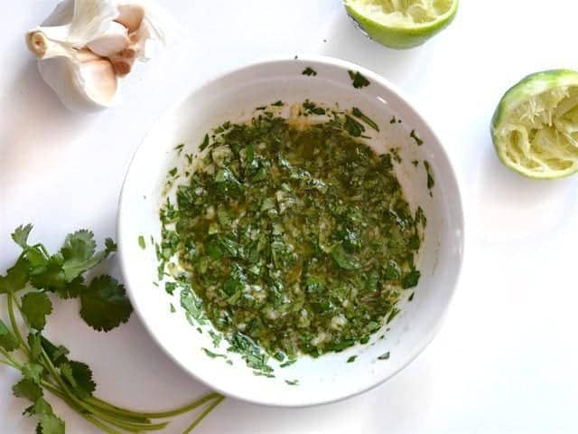 Finished Cilantro Lime Marinade in a white bowl