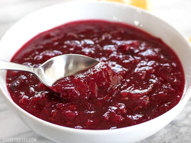 A bowl of thick cranberry sauce ready for serving on your holiday table