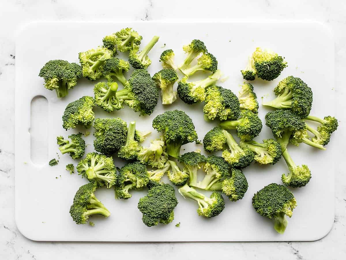 Chopped broccoli on a cutting board