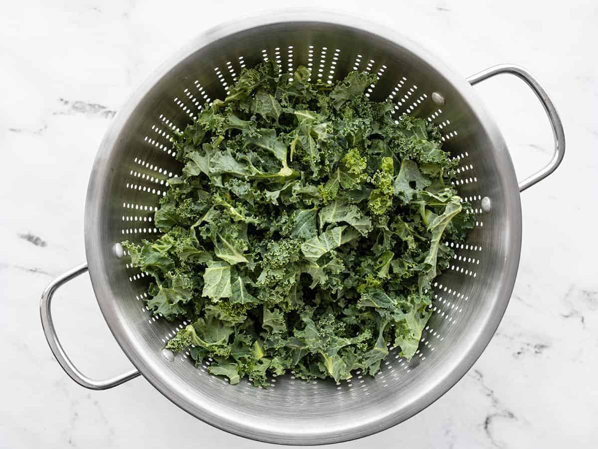 Chopped kale in a colander
