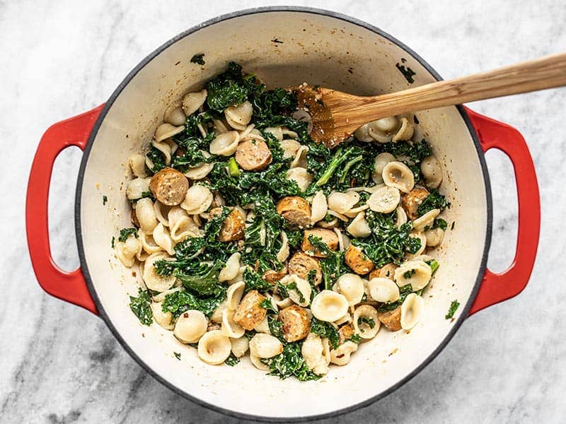 Finished Spicy Orecchiette with Chicken Sausage and Kale in the pot