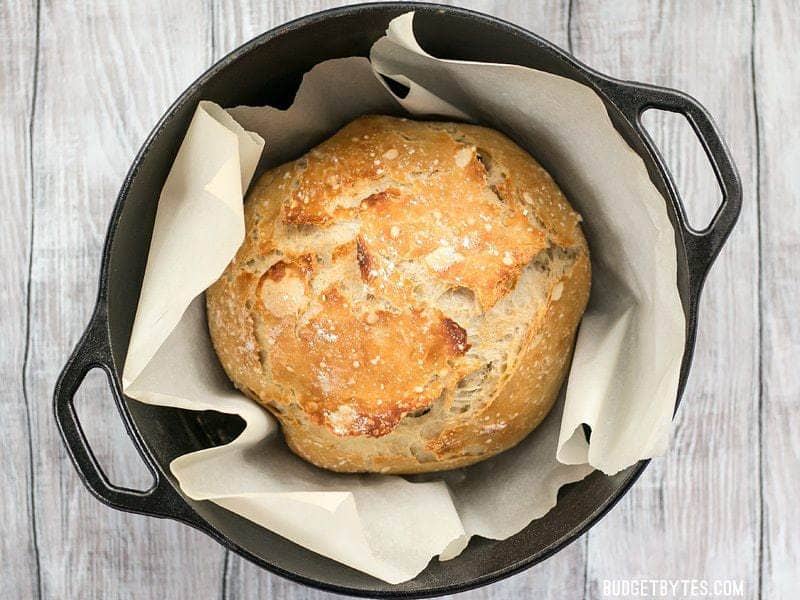Baked loaf of No-Knead Bread in the Dutch Oven