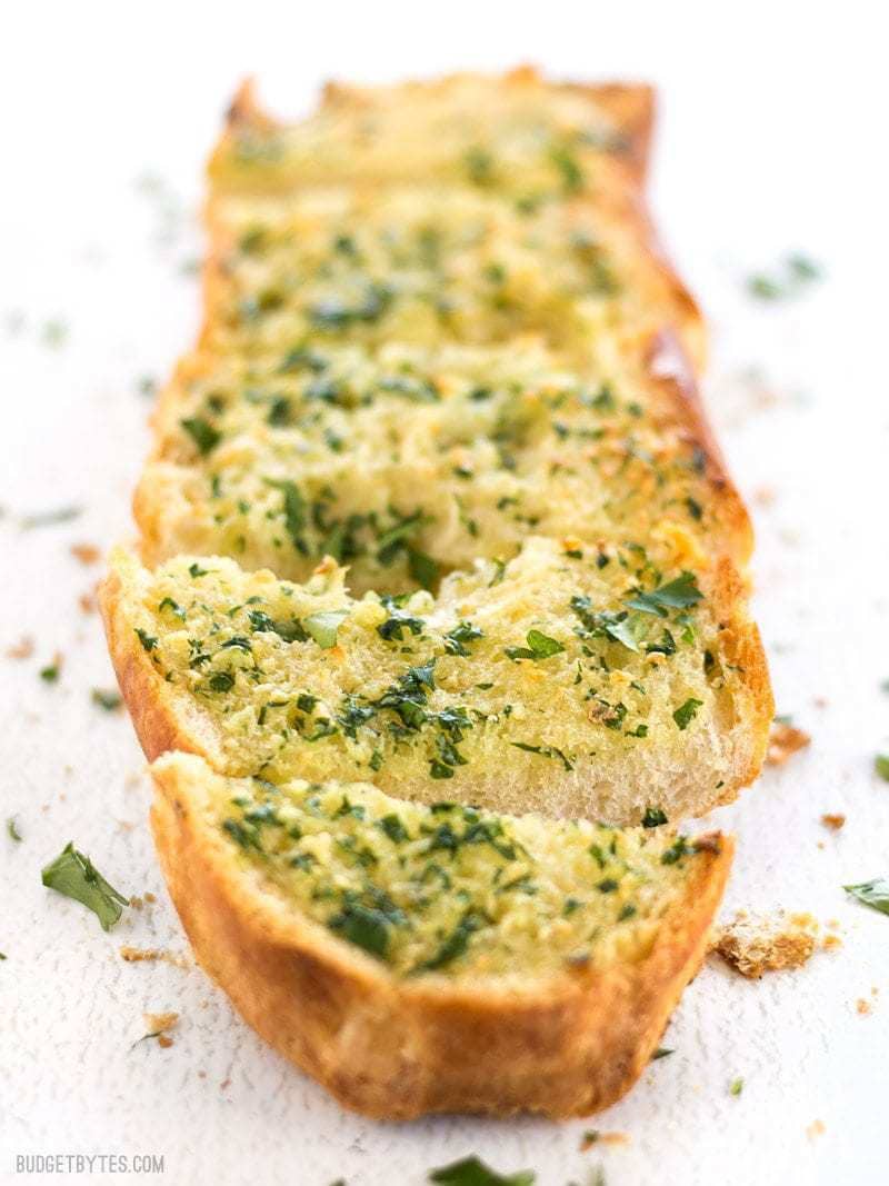 Close up view of Homemade Garlic Bread looking from one end to the other