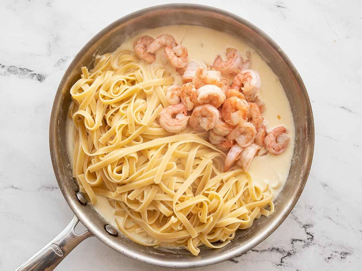 Shrimp and pasta added back to the sauce