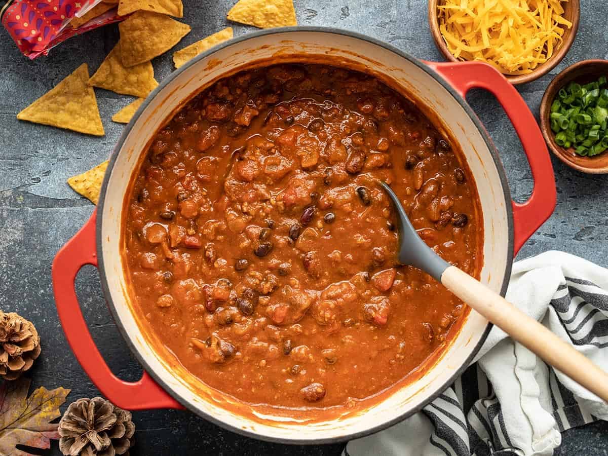 Overhead view of a pot of pumpkin chili