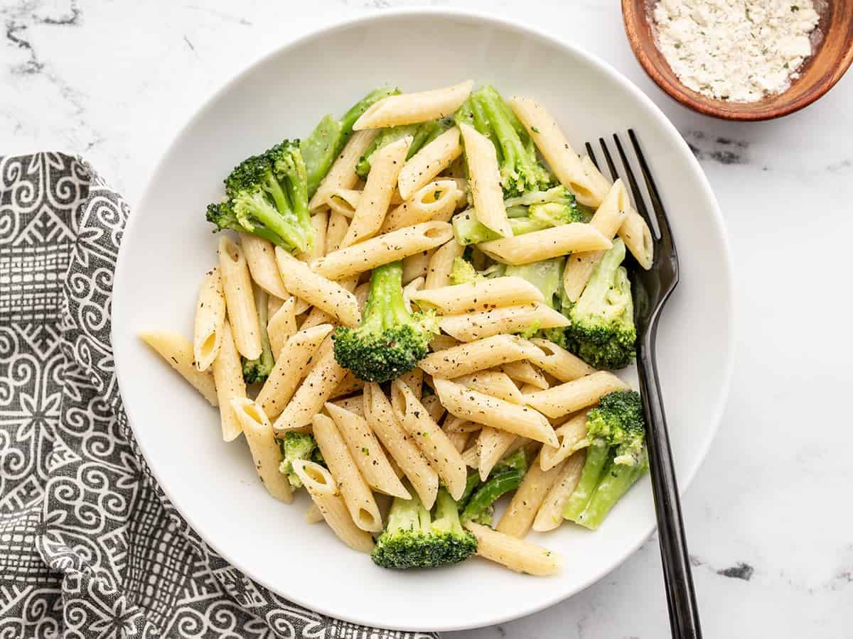 ranch broccoli pasta in a bowl with a fork