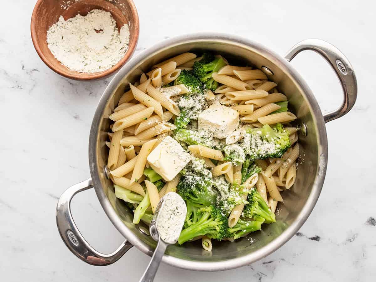 butter and ranch seasoning added to the drained pasta and broccoli