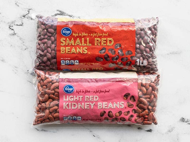 Red beans and kidney beans side by side in bags 