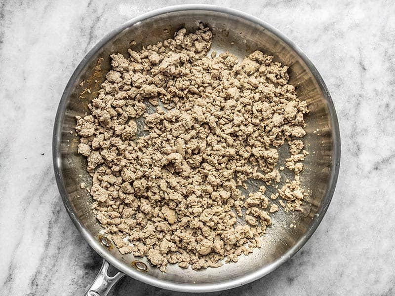 Cooked Ground Turkey and Garlic in the skillet