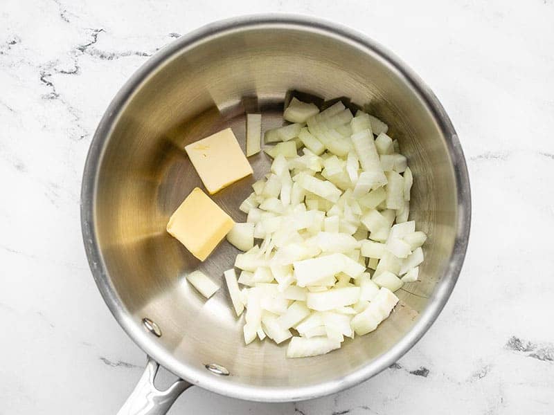 Diced onion and butter in a sauce pot
