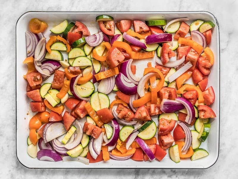 Chopped Vegetables on the baking sheet ready to Roast