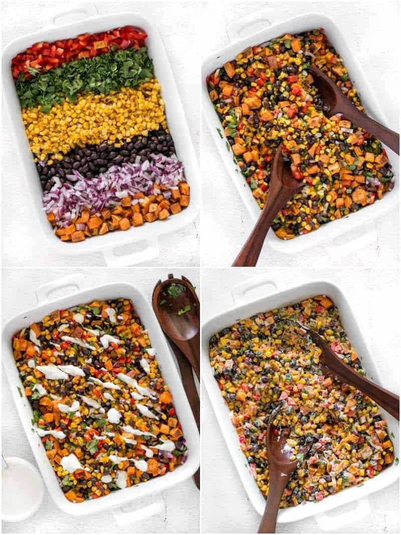 Roasted Sweet Potato Rainbow Salad shown in four stages, unstirred, stirred, crema on top, crema stirred in.