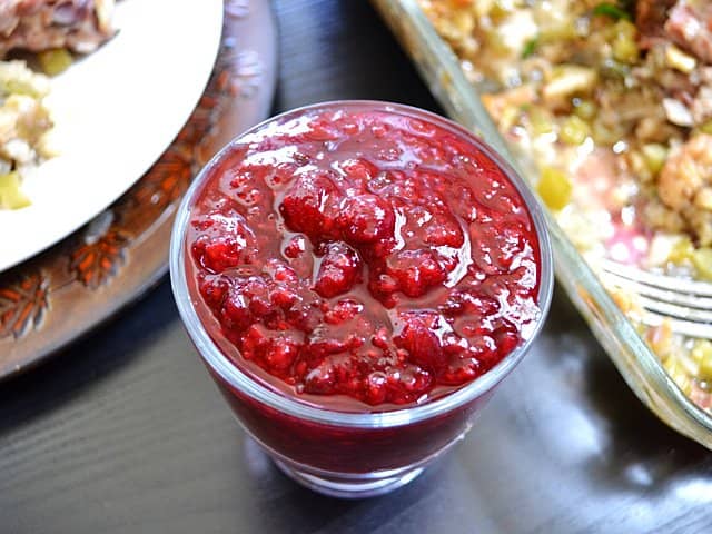 top view of jalapeno cranberry raspberry sauce in glass dish 
