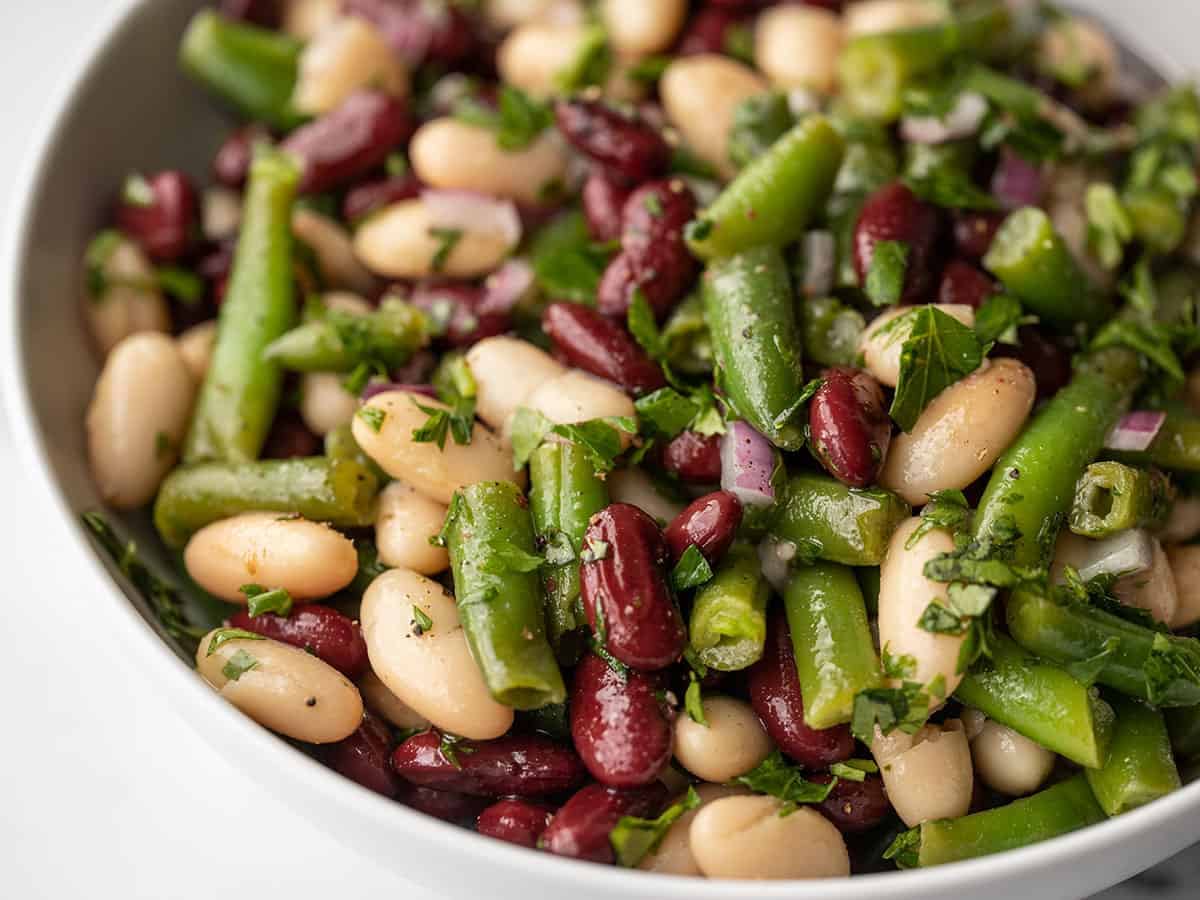 close up of three bean salad in the bowl