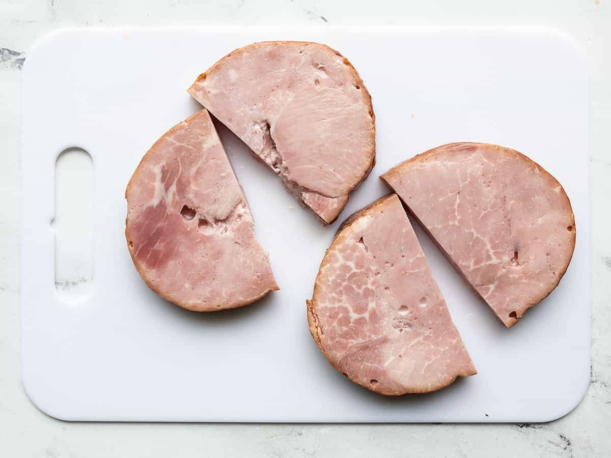 Ham steaks cut in half