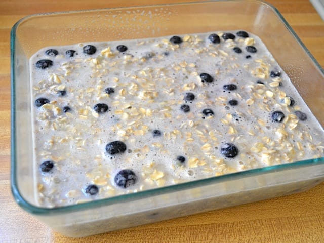 oatmeal mixture poured into baking dish, ready to bake 
