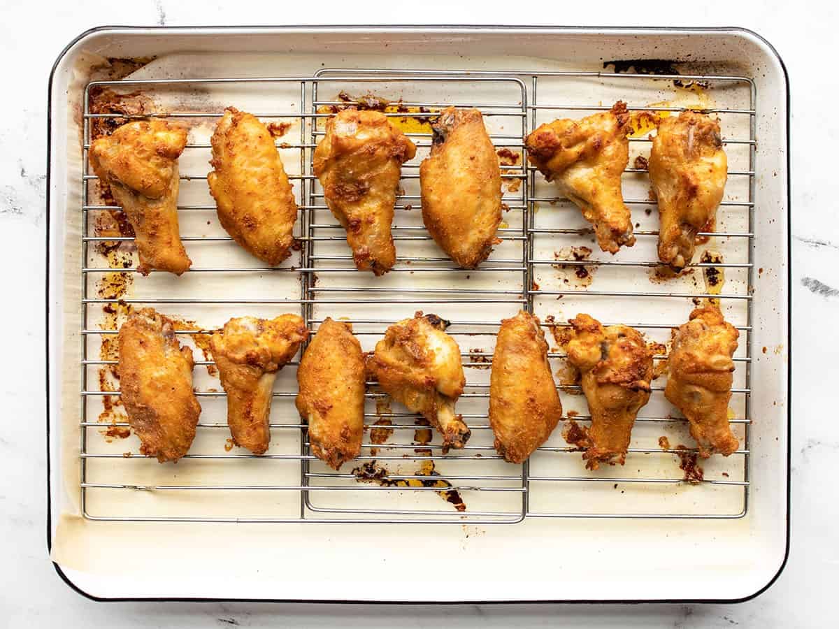 Baked chicken wings on the baking sheet