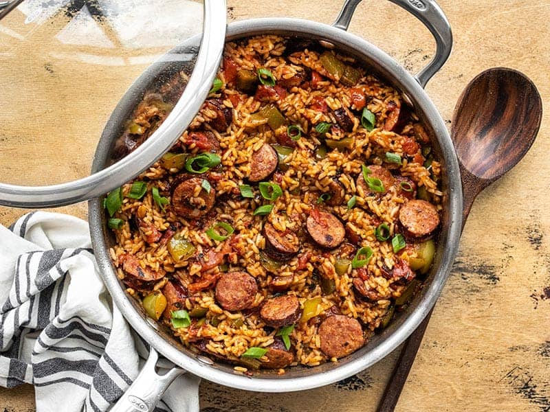Finished Cajun Sausage and Rice Skillet with green onions