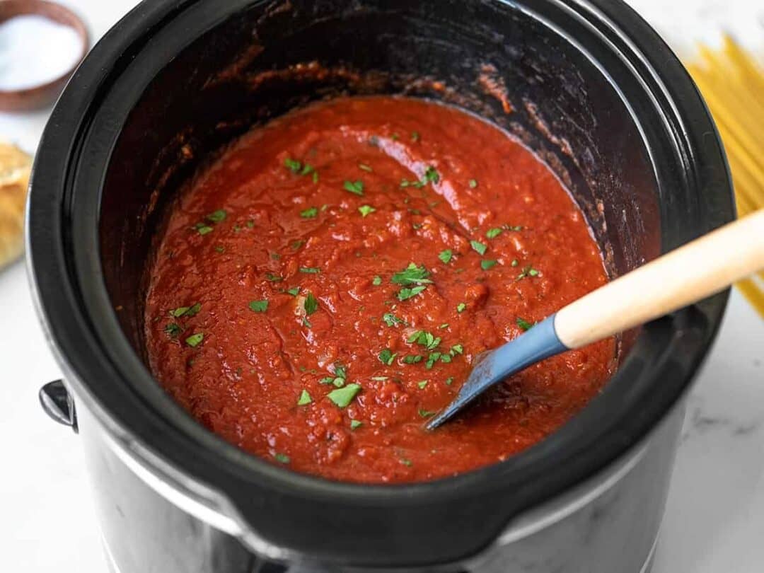 Side view of pasta sauce in the slow cooker