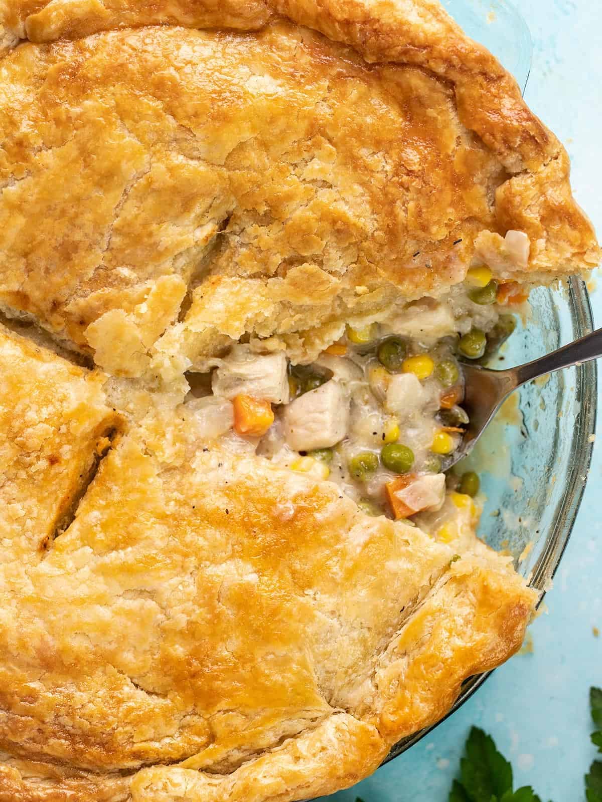 Chicken Pot Pie with a slice removed.