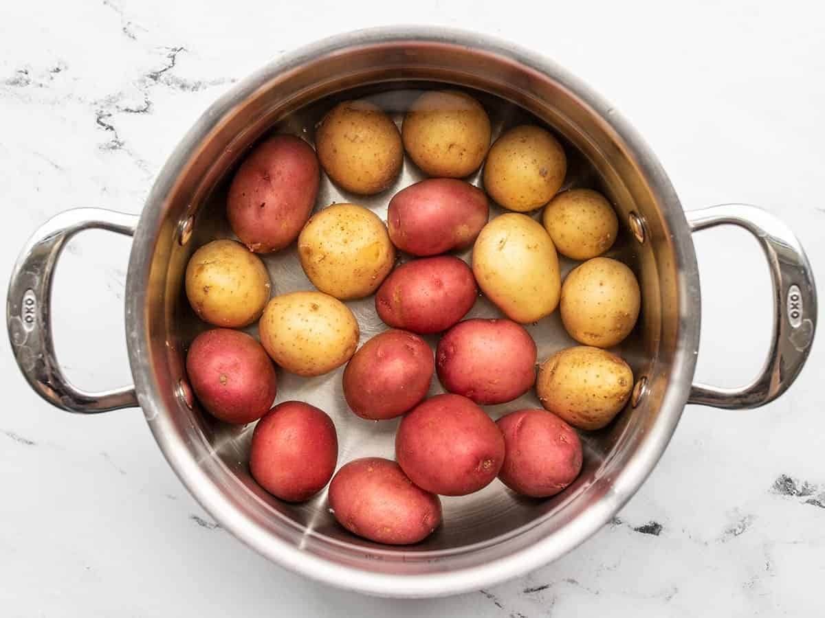 Baby potatoes in a pot with water