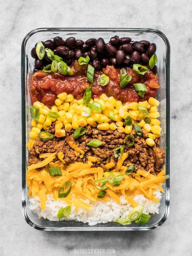 Close up of one Burrito Bowl Meal Prep container