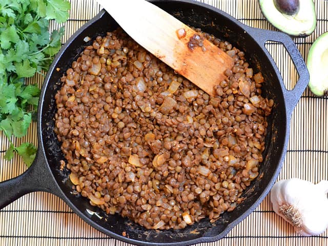 taco seasoned lentils in skillet 