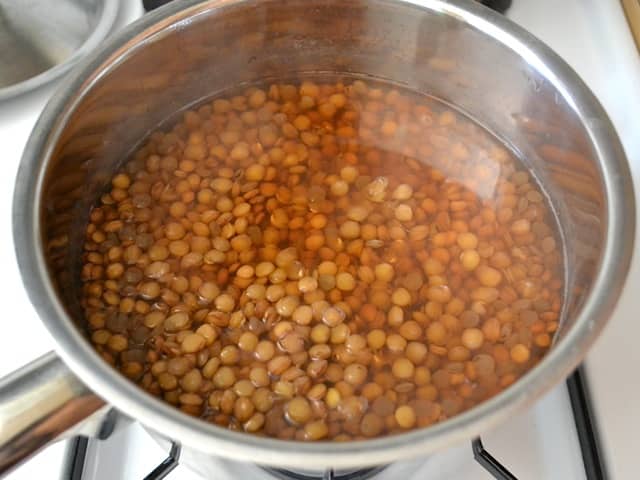 cooked lentils in pot of water 