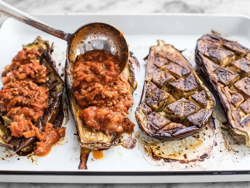 Add Meat Sauce to Roasted Eggplant