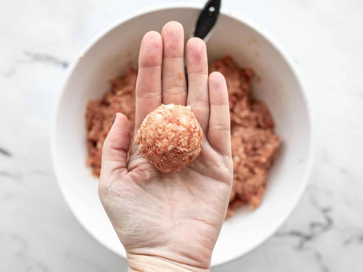 shaped meatball held in a hand over the bowl