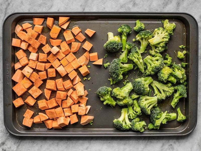 Sweet Potatoes and Broccoli on sheet pan