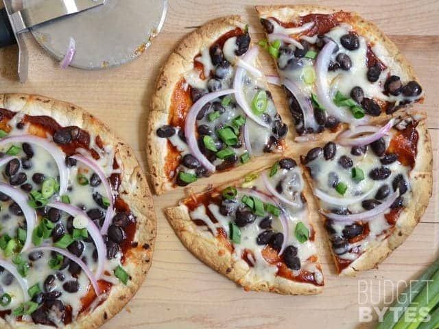 Top view of two BBQ Black Bean Pizzas, cut 