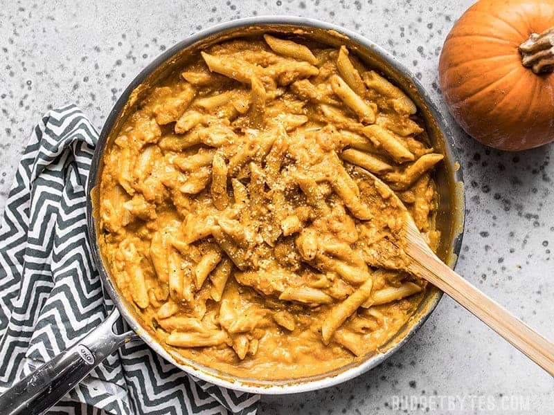 Skillet full of smoky, spicy, and creamy Chipotle Pumpkin Pasta.