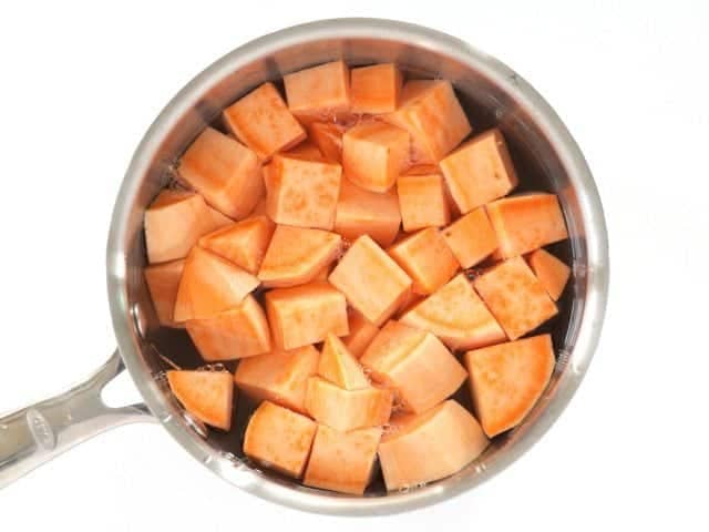Cubed Sweet Potatoes Ready to Boil in pot 
