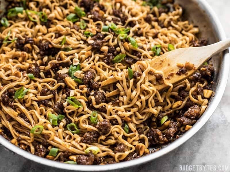 Close up of Pork and Peanut Dragon Noodles in the skillet